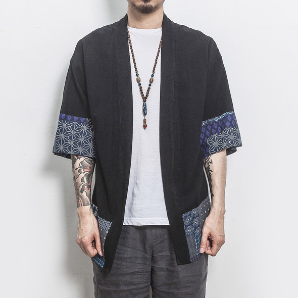 Retro Hanfu Seven-quarter Sleeve Cotton Linen Solid Stitching Youth Men Cardigan Coat, Size:XXL(Black)