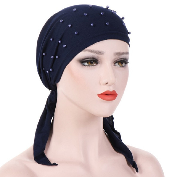 Women Pure Color Beaded Stretch Turban Hat Wrap Hat, Size: M?56-58cm?(Navy)