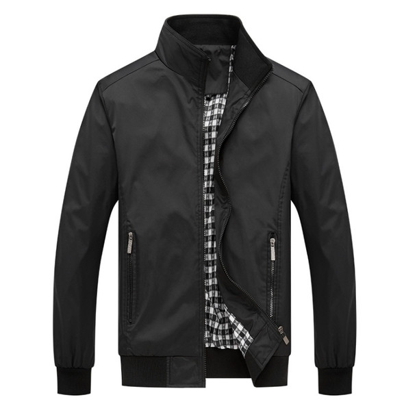 Men Solid Color Collage Long Sleeve Stand Collar Jacket (Color:Black Size:5XL)