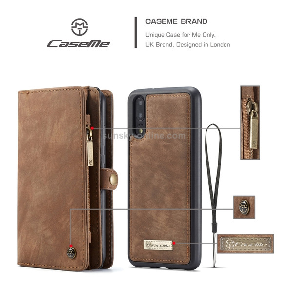 CaseMe-008 Detachable Multifunctional Horizontal Flip Leather Case for Huawei P20, with Card Slot & Holder & Zipper Wallet & Photo Frame (Coffee)