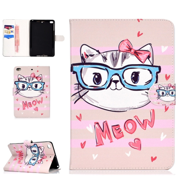 Colored Pattern Drawing Horizontal Flip PU Leather Case with Three-folding Holder & Sleep / Wake-up Function for Mini 1 / 2 / 3 / 4(Glasses cat)