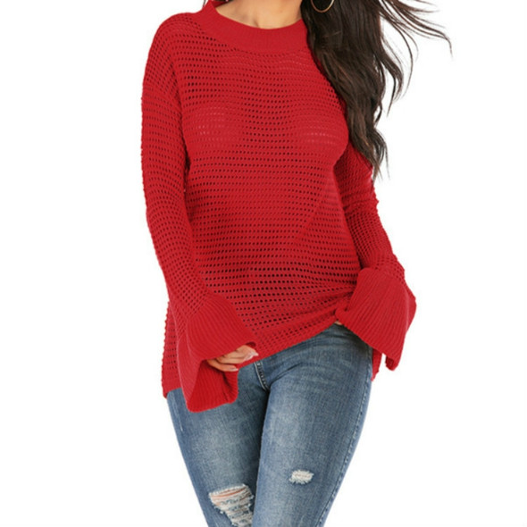 Women Round Neck Hollow Trumpet Sleeve Sweater, Size: S(Red)