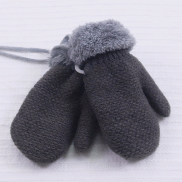 Winter Solid Color Label Knitted Plus Velvet Warm Mittens Children Gloves with Lanyard, Size:13 x 6cm(Dark Gray)