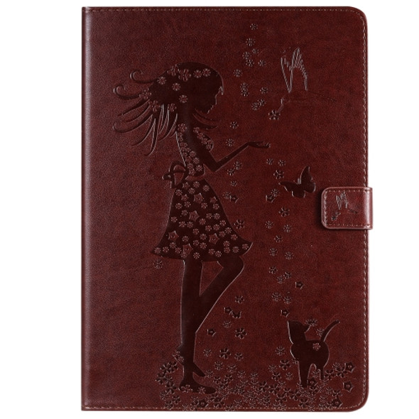 For iPad 10.2 / Pro 10.5 / Air 2019 Pressed Printing Woman and Cat Pattern Horizontal Flip Leather Case with Holder & Card Slots & Wallet(Brown)