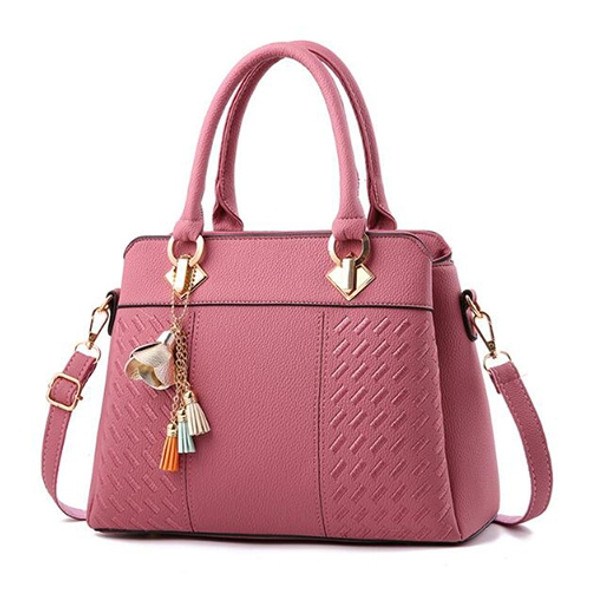 Fashion Women Tassel PU Leather Embroidery Crossbody Bag Shoulder Bag Simple Style Hand Bags( pink)