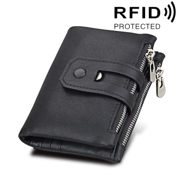 Genuine Cowhide Leather Crazy Horse Texture Zipper 3-folding Card Holder Wallet RFID Blocking Coin Purse Card Bag Protect Case for Men, Size: 12*9.5*3.5cm(Black)