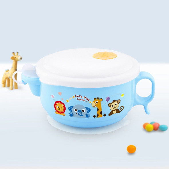 450ml Stainless Steel Interior And Plastic Exterior Double Layer Cartoon Style Bowl With Cover And Handles For Child At Age 2 To 9(Blue)