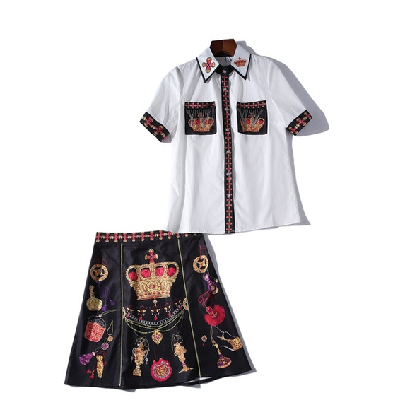 Shirt Top Printed Skirt Set (Color:Black White Size:XL)