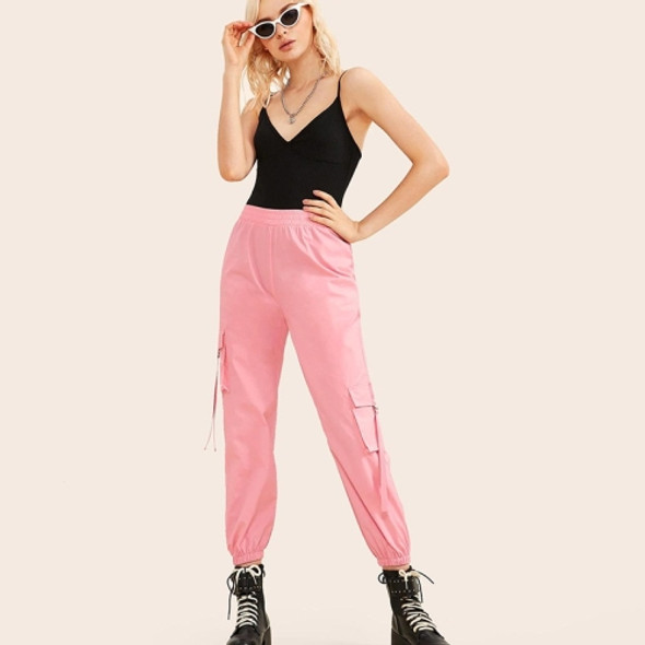 Elastic Waist Flap Pockets Side Webbing Cargo Pants (Color:Pink Size:S)