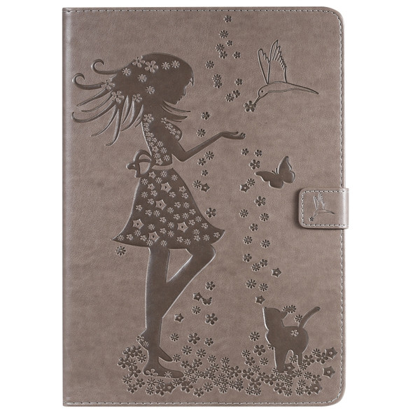 For iPad 10.2 / Pro 10.5 / Air 2019 Pressed Printing Woman and Cat Pattern Horizontal Flip Leather Case with Holder & Card Slots & Wallet(Grey)
