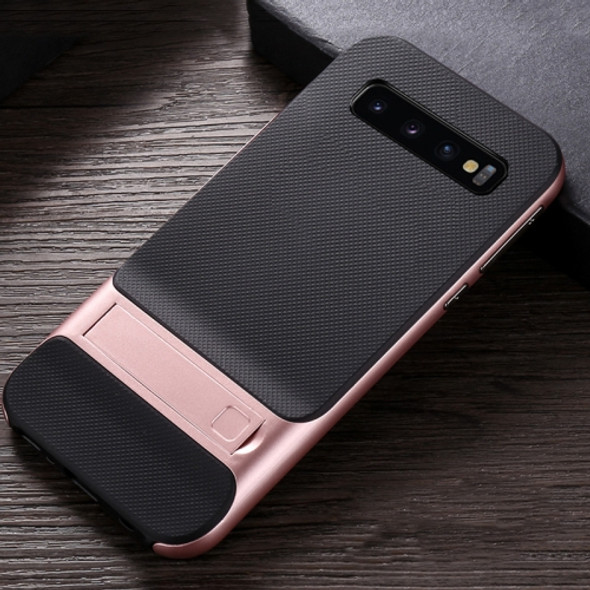 For Galaxy S10e Plaid Texture Non-slip TPU + PC Case with Holder(Rose Gold)