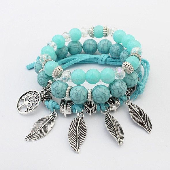 Vintage Ethnic Elasticity Marble Beads Bracelet Boho Leaves Bangle Bracelet(Blue)