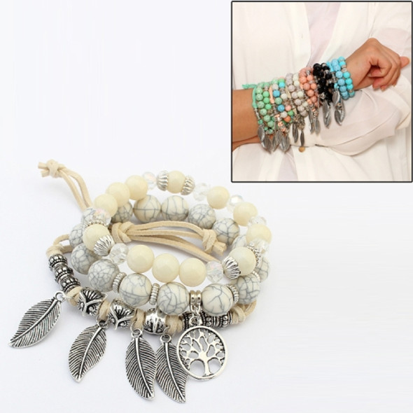 Vintage Ethnic Elasticity Marble Beads Bracelet Boho Leaves Bangle Bracelet(White)