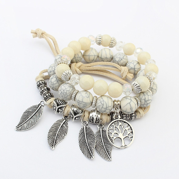 Vintage Ethnic Elasticity Marble Beads Bracelet Boho Leaves Bangle Bracelet(White)