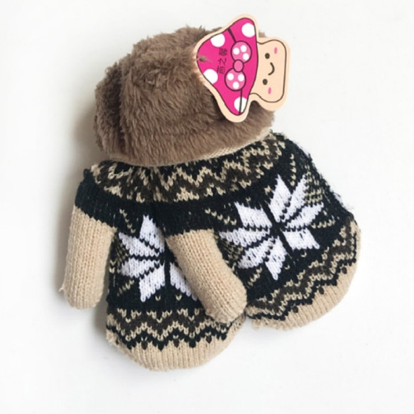 Winter Children Snowflake Pattern Plus Velvet Thick Warm Knitted Wool Mittens, One Pair(Coffee)