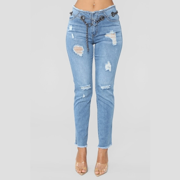 Denim Stretch Ripped Jeans (Color:Baby Blue Size:S)