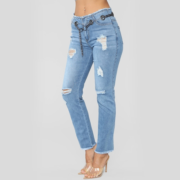 Denim Stretch Ripped Jeans (Color:Baby Blue Size:S)