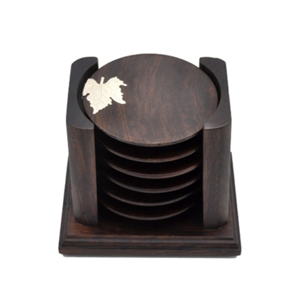Retro Solid Wood Black Sandalwood Tea Cup Cushion Set, Maple Leaf Version