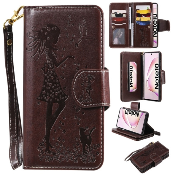 For Galaxy Note 10 Woman and Cat Embossed Horizontal Flip Leather Case, with Wallet & Holder & Card Slots & Photo Frame & Mirror & Lanyard(Brown)