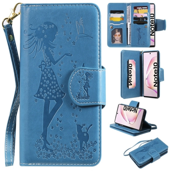 For Galaxy Note 10 Woman and Cat Embossed Horizontal Flip Leather Case, with Wallet & Holder & Card Slots & Photo Frame & Mirror & Lanyard(Blue)