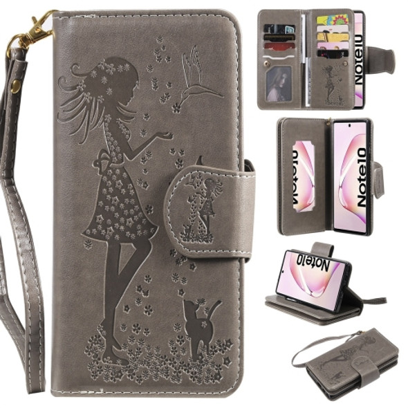 For Galaxy Note 10 Woman and Cat Embossed Horizontal Flip Leather Case, with Wallet & Holder & Card Slots & Photo Frame & Mirror & Lanyard(Grey)