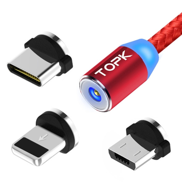 TOPK 1m 2.4A Max USB to 8 Pin + USB-C / Type-C + Micro USB Nylon Braided Magnetic Charging Cable with LED Indicator(Red)