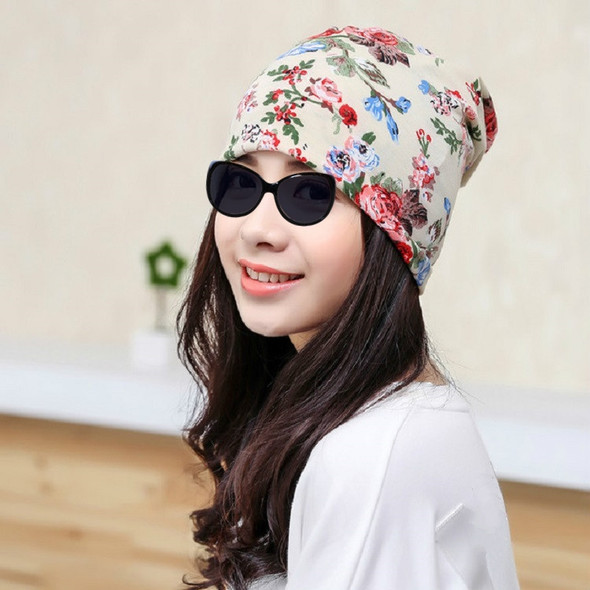 Autumn and Winter Ladies Cotton Flower Print Hat Windproof Warm Beanie, Size:50-60cm(Small Beige Floral)