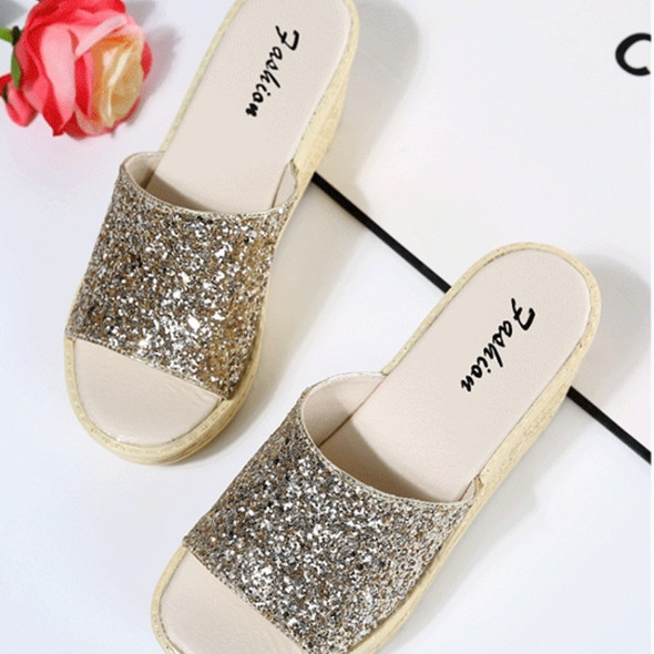 Sequined Wedge Thick Bottom Stylish Versatile Non-slip Wearable Slippers for Women (Color:Gold Size:40)