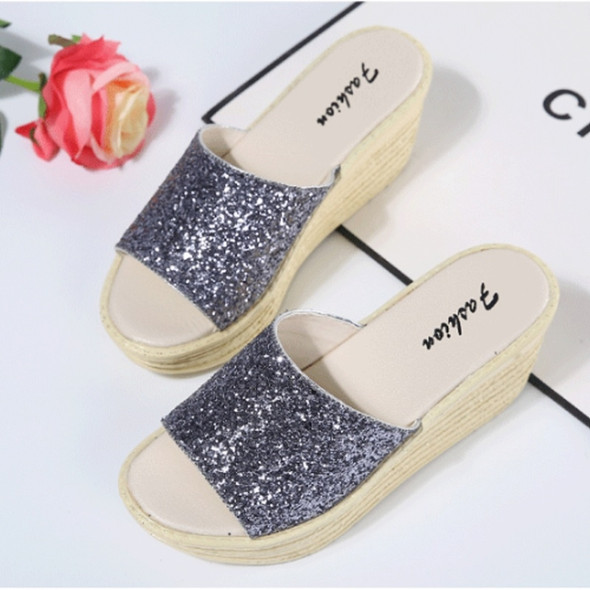 Sequined Wedge Thick Bottom Stylish Versatile Non-slip Wearable Slippers for Women (Color:Silver Size:37)