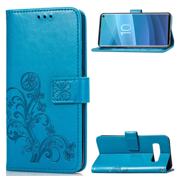 Lucky Clover Pressed Flowers Pattern Leather Case for Galaxy S10e, with Holder & Card Slots & Wallet & Hand Strap (Blue)