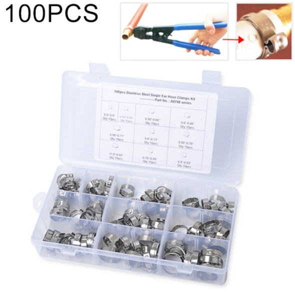 100 PCS Adjustable Single Ear Plus Stainless Steel Hydraulic Hose Clamps O-Clips Pipe Fuel Air, Inside Diameter Range: 12.8-23.5mm