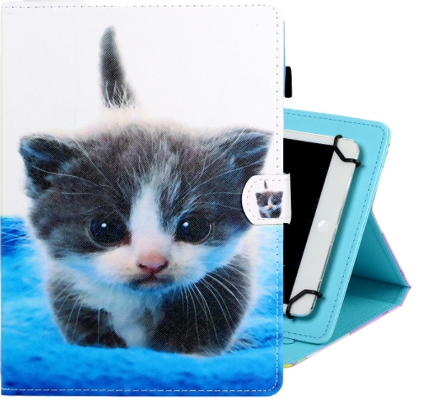 10 inch Universal Colored Drawing Horizontal Flip PU Leather Case with Holder & Card Slot(Blue White cat)