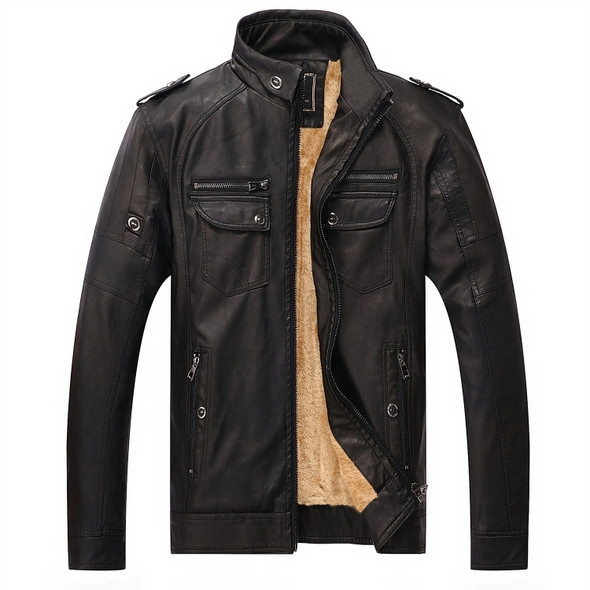 Men Plus Velvet Loose Leather Jacket Coat (Color:Black Size:XL)
