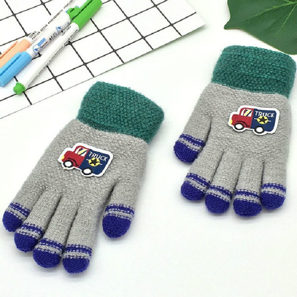 Cartoon Car Pattern Plus Velvet Thick Double Layer Warm Children Gloves Knitted Wool Finger Gloves(Gray)