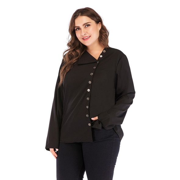 Plus Size Women Pure Color Pullover V-Neck Long Sleeve Blouse (Color:Black Size:XL)