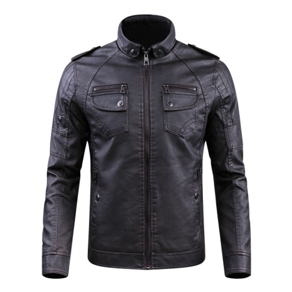 Men Plus Velvet Loose Leather Jacket Coat (Color:Coffee Size:XXL)