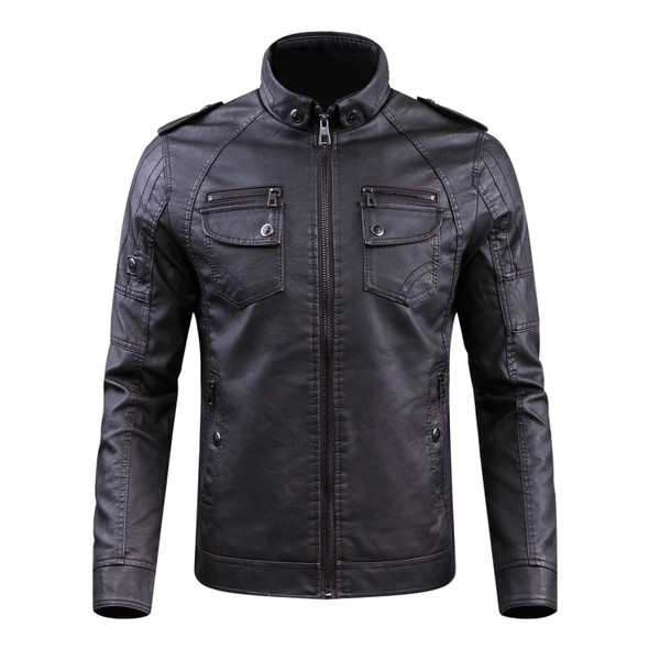 Men Plus Velvet Loose Leather Jacket Coat (Color:Coffee Size:XXL)