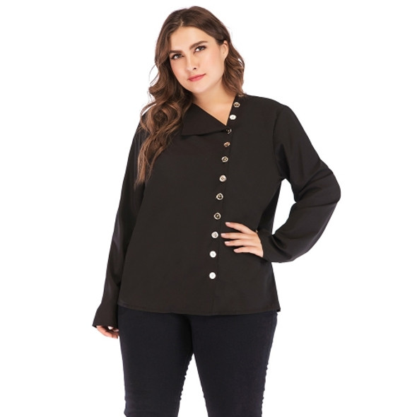 Plus Size Women Pure Color Pullover V-Neck Long Sleeve Blouse (Color:Black Size:XXL)