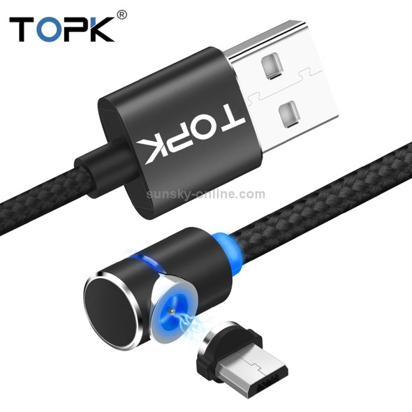 TOPK 1m 2.4A Max USB to Micro USB 90 Degree Elbow Magnetic Charging Cable with LED Indicator(Black)