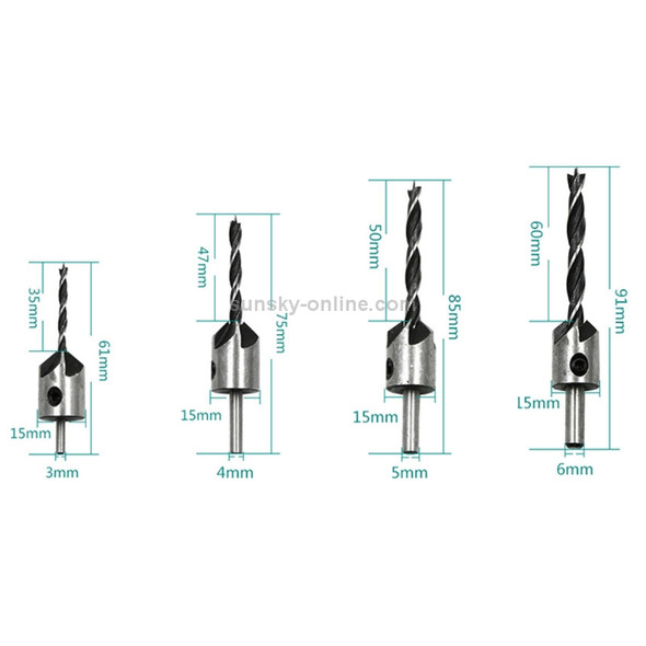 4 in 1 Woodworking Countersink Chamfer Three-Pointed High-Speed Steel Drill Bits Set, 3-6mm