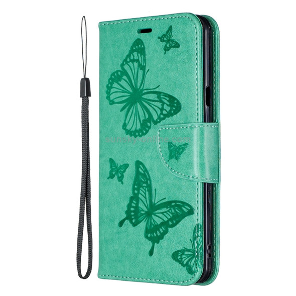 Two Butterflies Embossing Pattern Horizontal Flip Leather Case for LG Q Stylo 5, with Holder & Card Slots & Wallet(Green)