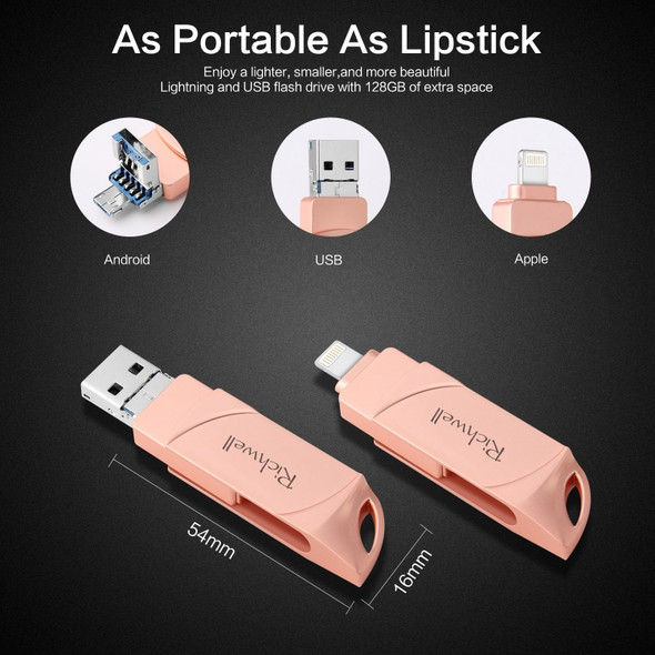 Richwell  DXZ128 USB Flash Disk 128G 3 in 1 Micro USB + 8 Pin + USB 3.0 Compatible IPhone & IOS(Rose Gold)