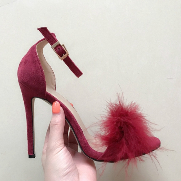 Plush Peep-Toe High Heels, Size:40(Wine Red)