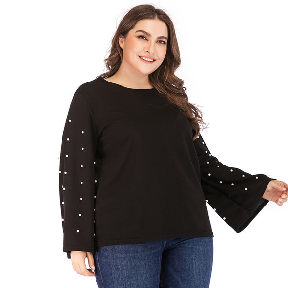 Plus Size Women Pearl Solid Color Round Neck Long Sleeve Blouse (Color:Black Size:XL)