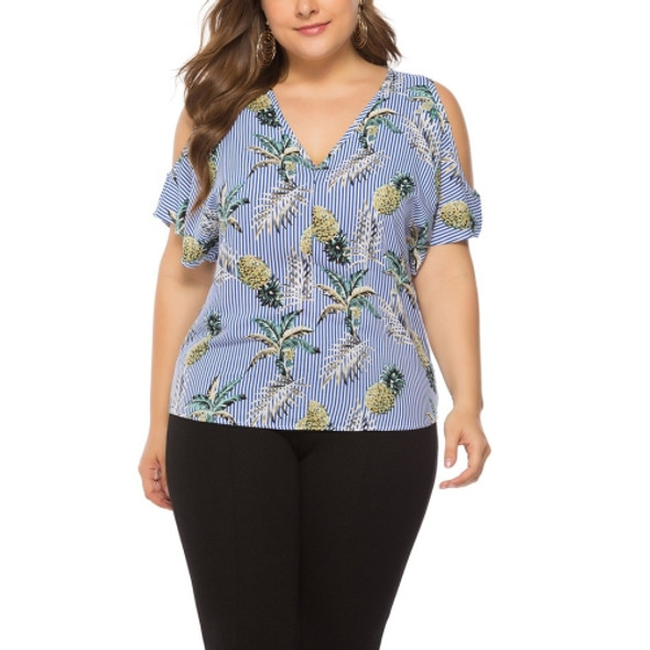 Floral Pineapple Pattern Off-Shoulder V-neck Loose Large Size Top (Color:Blue Size:XXXXL)