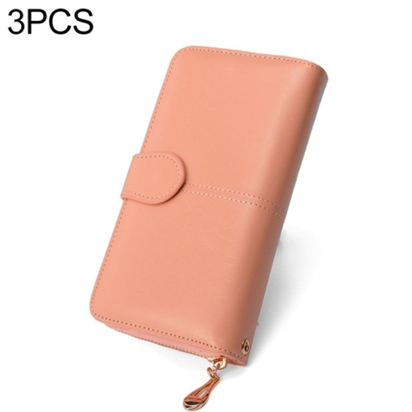 3 PCS  Multifunction Zipper Women Leather Wallet Long Trifold Coin Purse Card Holder Clutch(Pink)