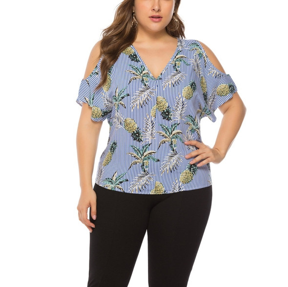 Floral Pineapple Pattern Off-Shoulder V-neck Loose Large Size Top (Color:Blue Size:XXXXXL)