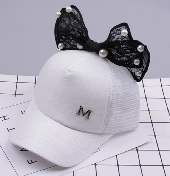 Spring Girls Pearl Lace Bow Decoration Hat Sun Hat, Size:Adults 54-60cm(Mesh Cap White)