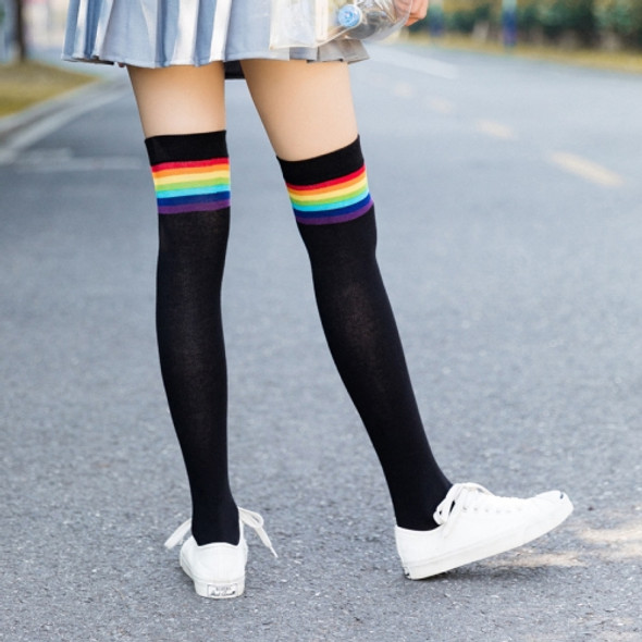 Rainbow Stripe Sweet Thigh Socks Over The Knee Socks for Women In Autumn(Black)