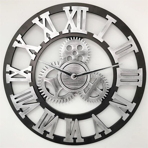 Retro Wooden Round Single-sided Gear Clock Rome Number Wall Clock, Diameter: 58cm (Silver)